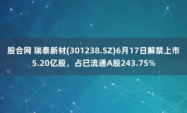 股合网 瑞泰新材(301238.SZ)6月17日解禁上市5.20亿股，占已流通A股243.75%